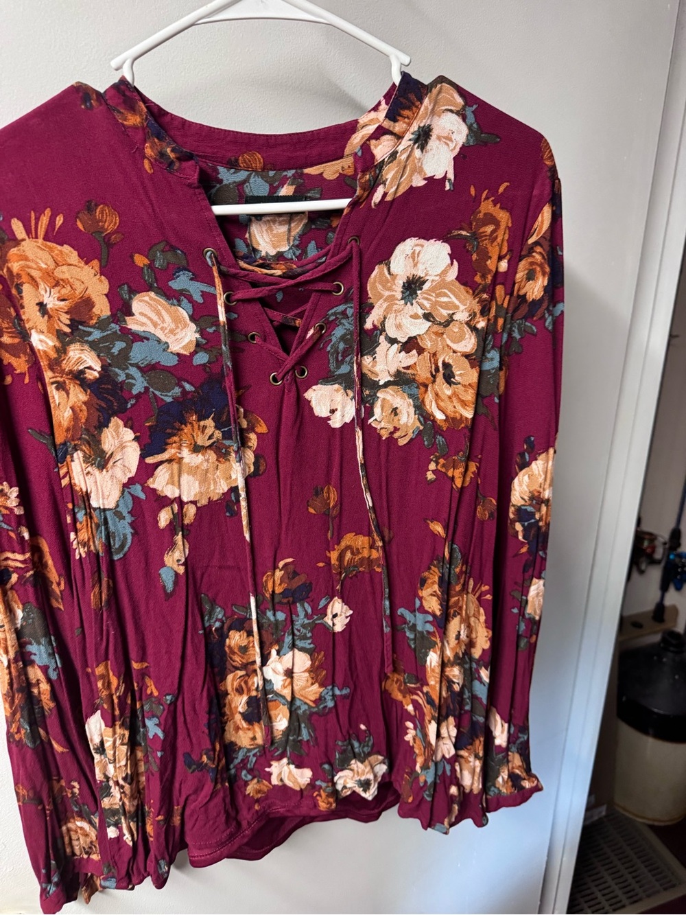 Lace-Up Floral Blouse in Burgundy